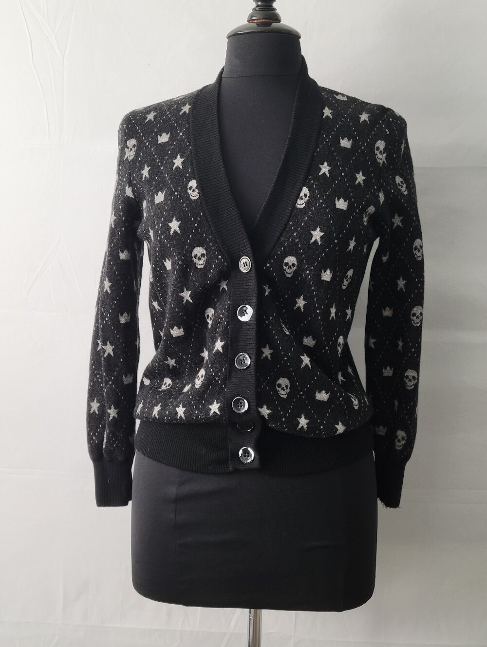 Minnie Rose Skull Star Crown Jacquard Merino Wool Button Down Cardigan